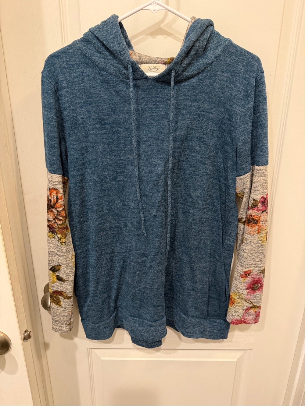 Blue Hooded Pullover with Floral Contrast Sleeves